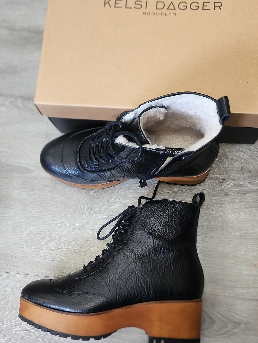 Kelsi Dagger Black Leather Wedge Ankle Boots with Tan Platform
